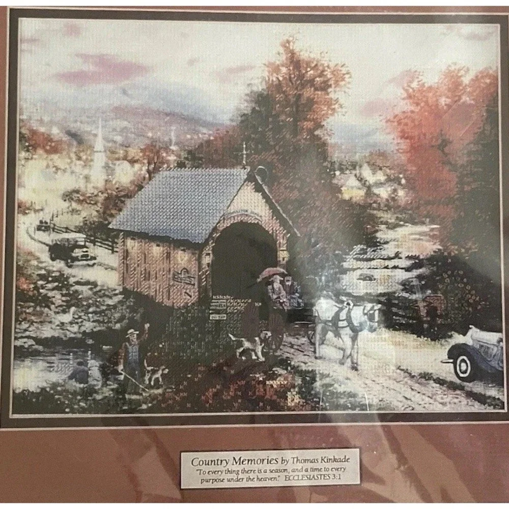 Thomas Kinkade Covered Bridge Country Memories Fall Autumn Printed Cross Stitch
